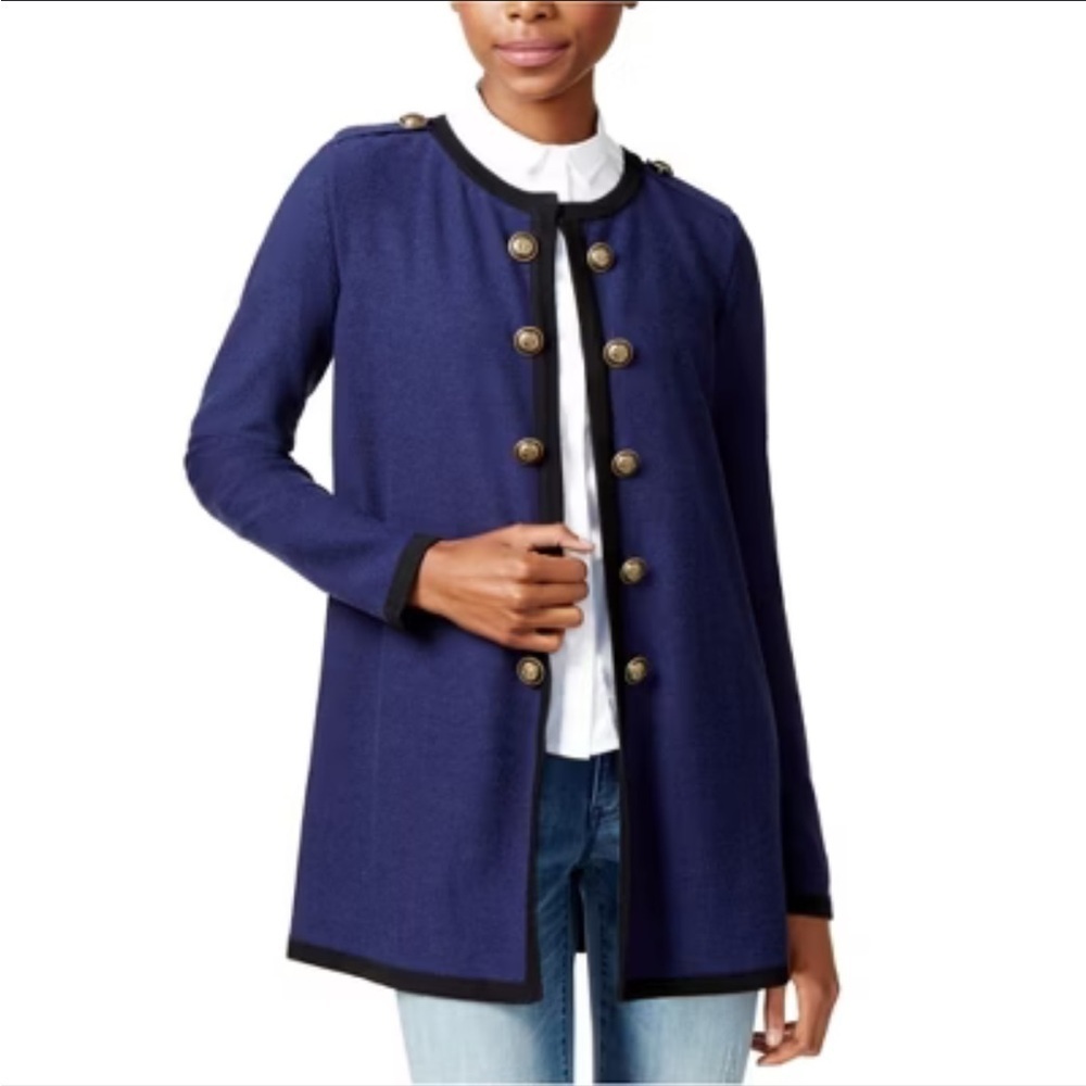 Maison Jules Navy Blue Embellished Open Front Cardigan Sweater Black Trim Sz L